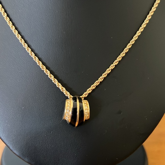 Christian Dior Vintage Rhinestone and Black Enamel Gold Plated Necklace - Picture 2 of 6